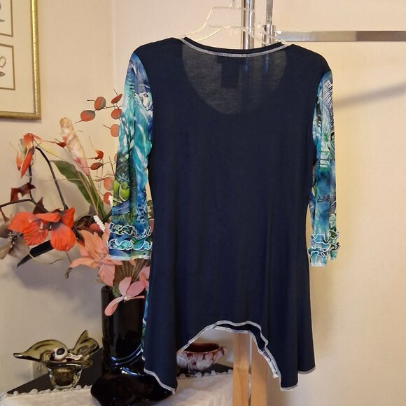 NWT Zoe Women's Navy-Blue Teal Patchwork Design Blouse ¾ Sleeve Top Size 10 M - Picture 7 of 9